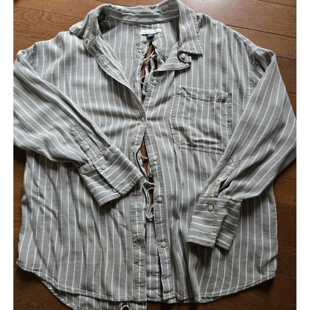 AE Long Sleeve Tie Back Buttonn Up Shirt Medium Striped Cotton Oversized Relaxed - Picture 5 of 9
